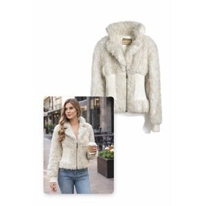Powder River Outfitters Fuzzy Faux Fur Sweater Jacket Cream XS Y2K Chic Cozy‎